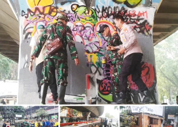 Koramil 1812/BW, Kodim 0618/KB Pimpin Kerja Bakti Hapus Vandalisme Paska May Day di Fly Over Tamansari Kota Bandung