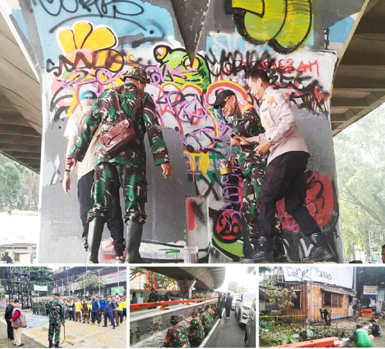 Koramil 1812/BW, Kodim 0618/KB Pimpin Kerja Bakti Hapus Vandalisme Paska May Day di Fly Over Tamansari Kota Bandung